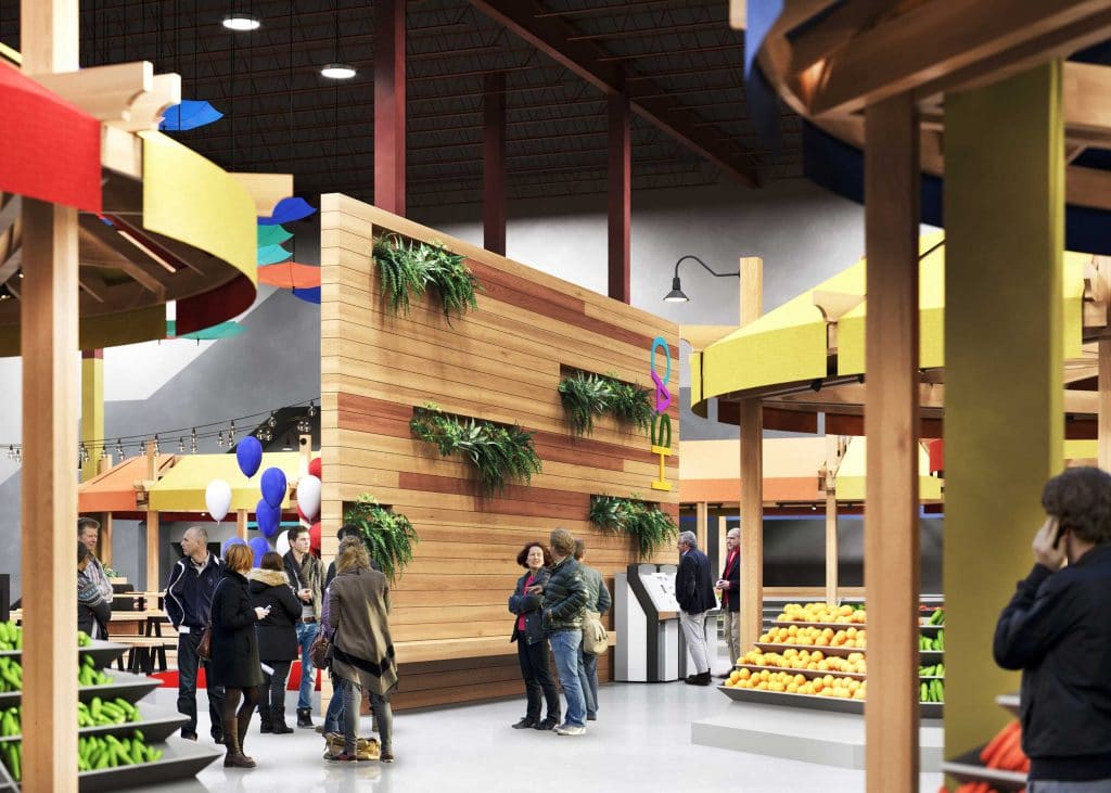 Interior rendering of green wall and booth areas.