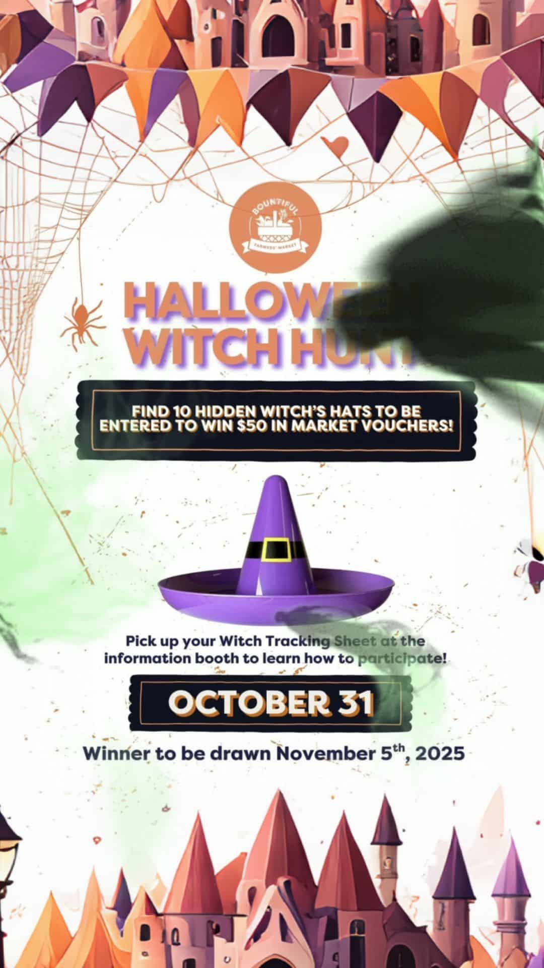 🕸 Ready for some Halloween fun, Edmonton? 🎃
Join our family-friendly Witch Hunt this October 31 at Bountiful Farmers’ Market! 🧙♀️
Here’s how to play:
1️⃣ Pick up your Witch Tracking Sheet at the Information Booth.
2️⃣ Find 10 hidden witch hats around the market.
3️⃣ Return your completed sheet to be entered to win $50 in market vouchers!
It’s a spooktacular activity for all ages — come dressed in your Halloween best and make a day of it! 👻🧡
#BountifulFarmersMarket #EdmontonEvents #YEGHalloween #FamilyFriendlyFun #YEGFamily #YEGKids #HalloweenInEdmonton #EdmontonMoms #YEGMarket #ExploreEdmonton #EdmontonWeekend #EdmontonActivities #HalloweenFun #WitchHunt #FamilyActivity