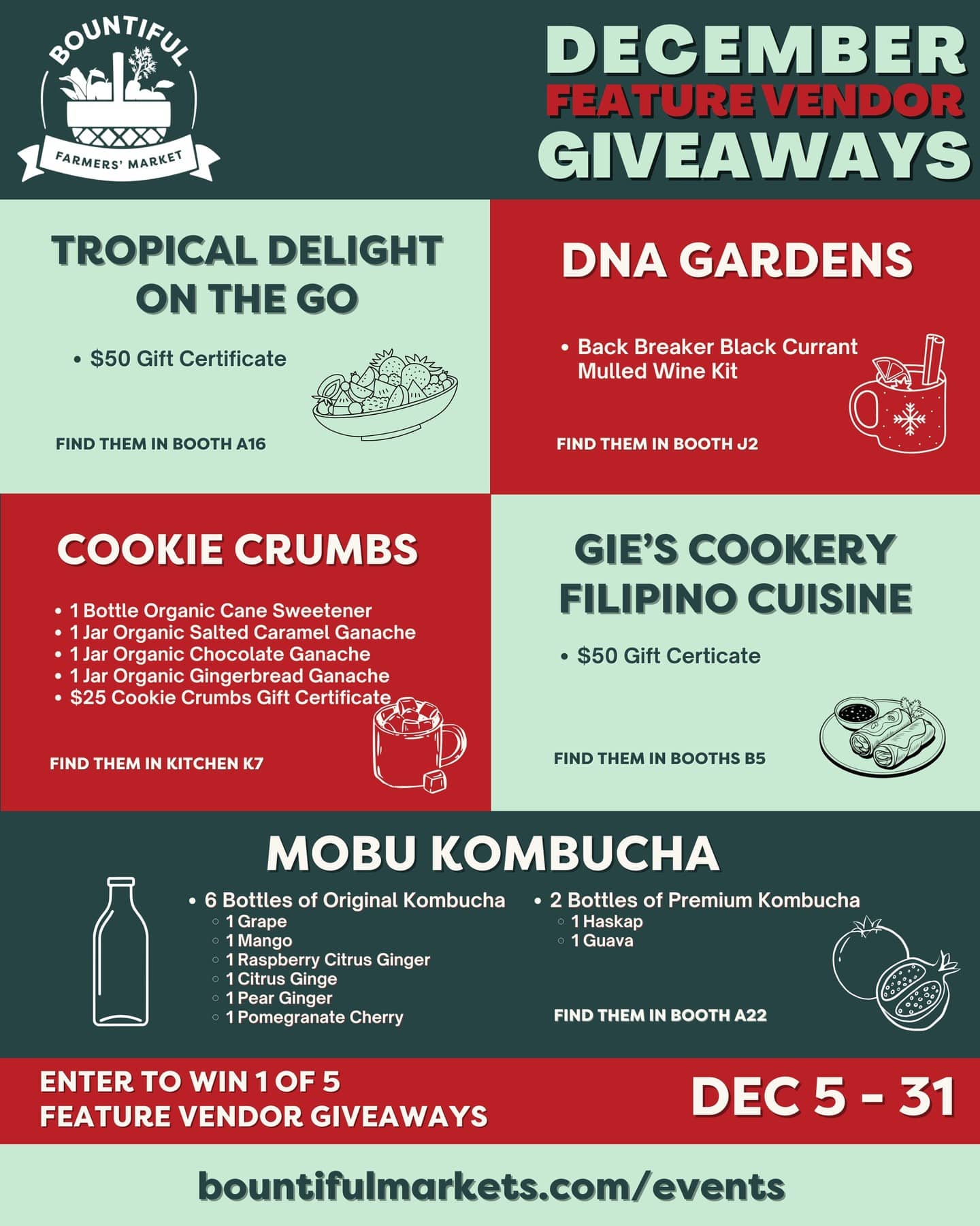 December Feature Vendor Giveaways!⁠
⁠
From December 5–31, enter to win one of five curated baskets, each valued at $50 and featuring local favourites from these amazing vendors:⁠
⁠
✨Tropical Delight on the Go (Booth A16) – $50 gift certificate.⁠
⁠
✨DNA Gardens (Booth J2) – Back Breaker Black Currant Mulled Wine Kit.⁠
⁠
✨Cookie Crumbs (Kitchen K7) – Organic ganache trio, organic cane sweetener, and a $25 Cookie Crumbs gift certificate.⁠
⁠
✨Gie’s Cookery Filipino Cuisine (Booth B5) – $50 gift certificate.⁠
⁠
✨Mobu Kombucha (Booth A22) – A mix of original and premium kombucha flavours, including mango, pomegranate cherry, and haskap.⁠
⁠
Enter online for your chance to win at bountifulmarkets.com/events!