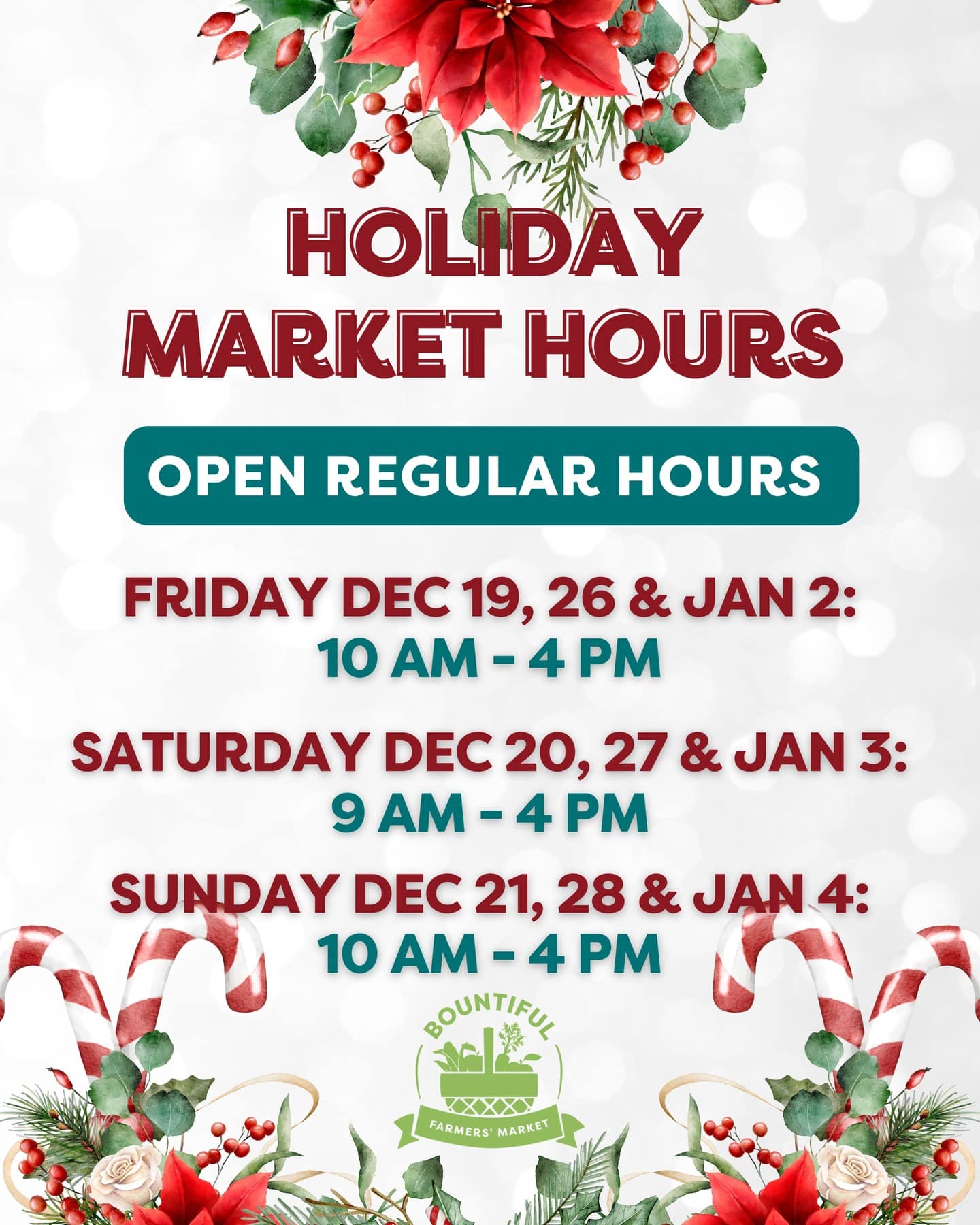 ❄️ Holiday Hours Announcement ❄️⁠
We’re open regular market hours all season long so you can finish your holiday shopping the local way!⁠
⁠
Fridays: Dec 19, 26 & Jan 2 — 10–4⁠
Saturdays: Dec 20, 27 & Jan 3 — 9–4⁠
Sundays: Dec 21, 28 & Jan 4 — 10–4⁠
⁠
Share the news, bring your friends, and enjoy the festive season with us at Bountiful Farmers’ Market!🎄⁠
⁠
#YEGLocal #BountifulFarmersMarket #YEGHolidays