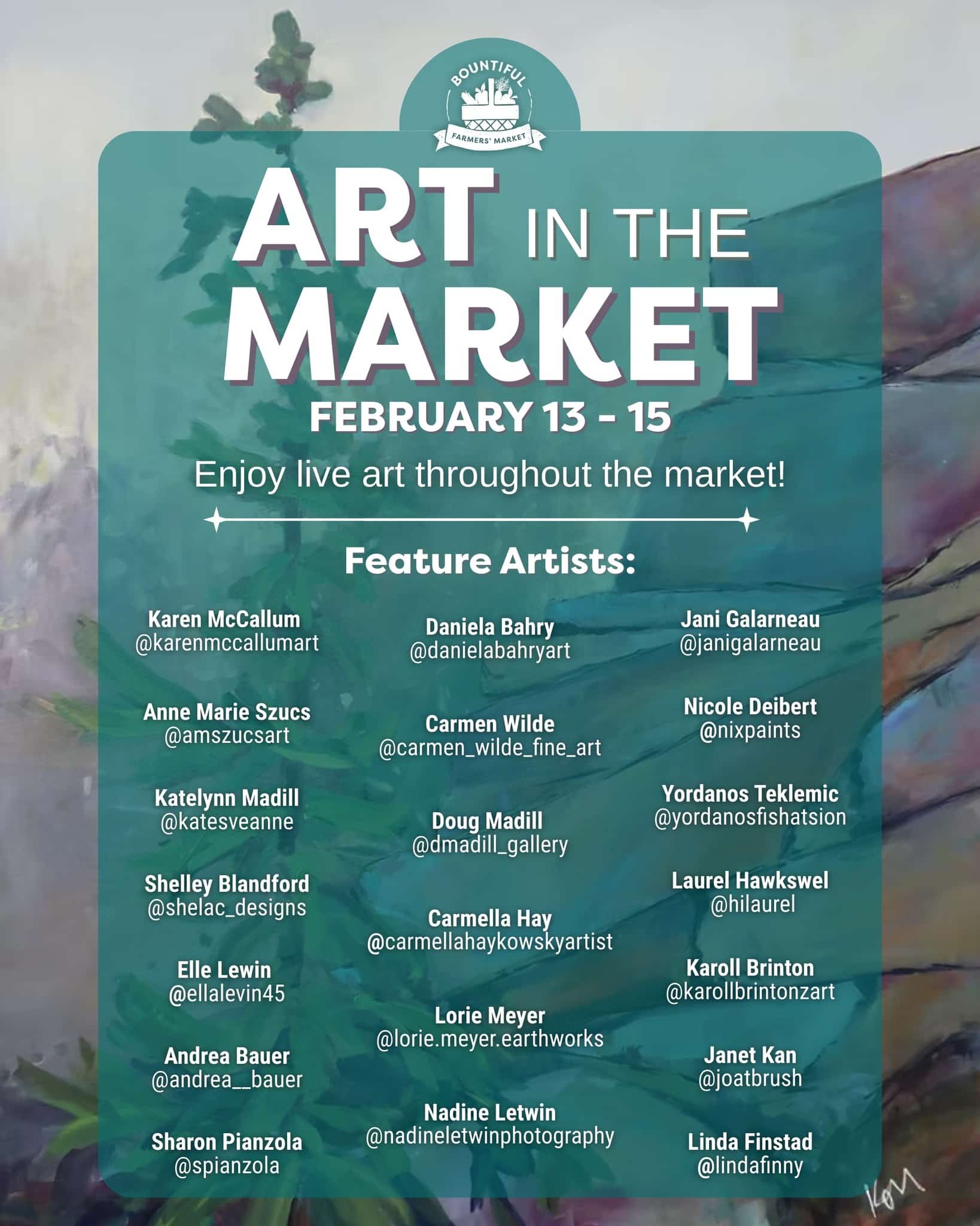 🎨 Art in the Market is back to kick off 2026!
Join us February 13–15 as the market comes alive with live art and local creatives showcasing their work throughout the space.
Wander, watch, and experience art in motion while you shop your favourite vendors.
