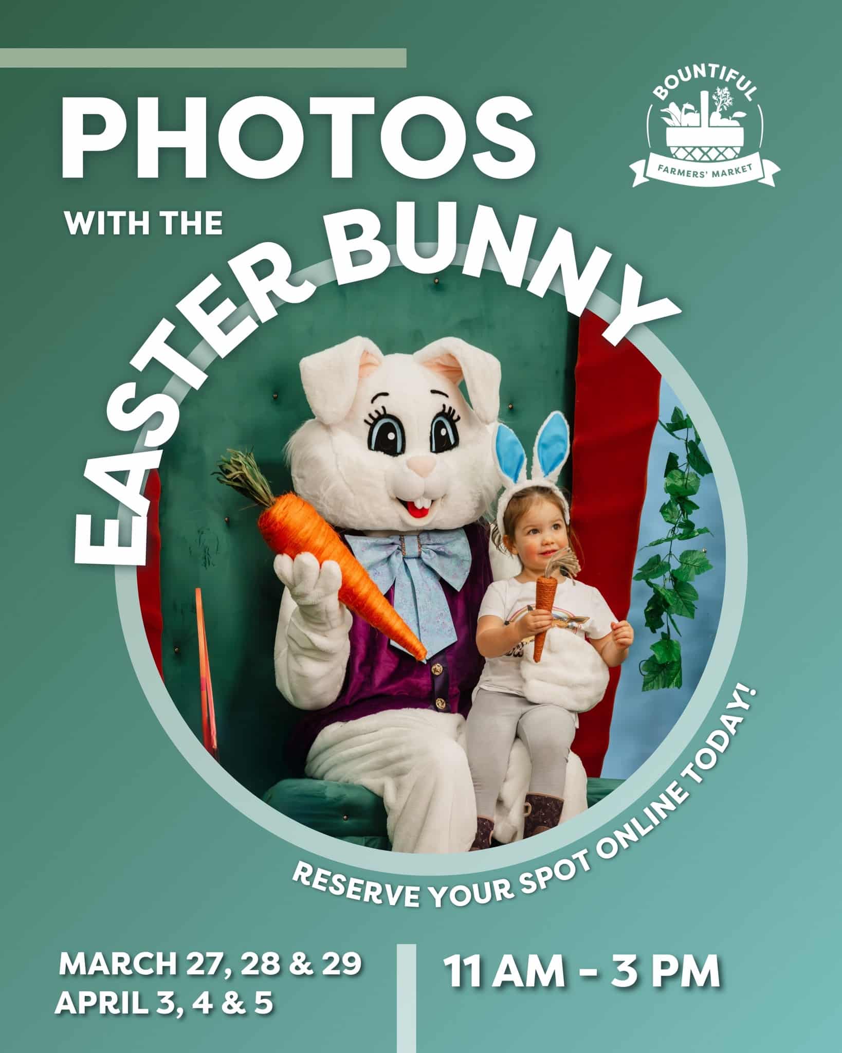 The Easter Bunny is hopping into Bountiful Farmers’ Market! 🐰🌸

Join us for Photos with the Easter Bunny on March 27, 28 & 29 and April 3, 4 & 5 from 11 AM – 3 PM. Capture sweet springtime memories with family and friends in a fun, festive setting.

Reserve your spot online to secure your time, with limited walk-in availability. Make it a full day—shop local, enjoy seasonal treats, and celebrate Easter with us! 📸🥕

#YEGEvents #EdmontonFamilies #EasterInYEG #FamilyFunYEG #ThingsToDoEdmonton
