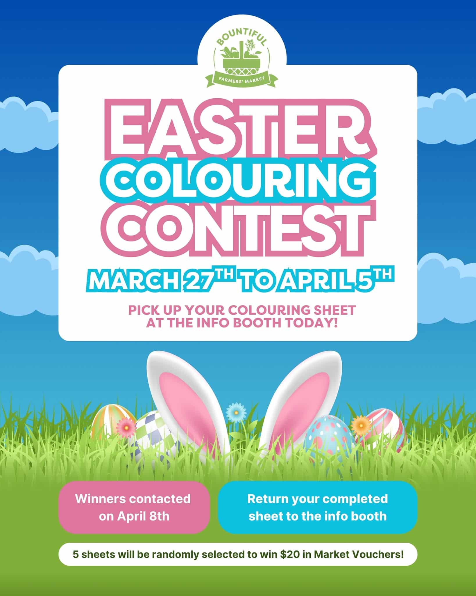 From March 27 to April 5, young artists are invited to join our Easter Colouring Contest at Bountiful! 🎨 Five winners will each receive a $20 market voucher. Pick up your colouring sheet at the Info Booth and return it there to enter. Winners announced April 8.

#BountifulFarmersMarket #EdmontonEvents #YEGFamilies #ExploreYEG #SupportLocalYEG