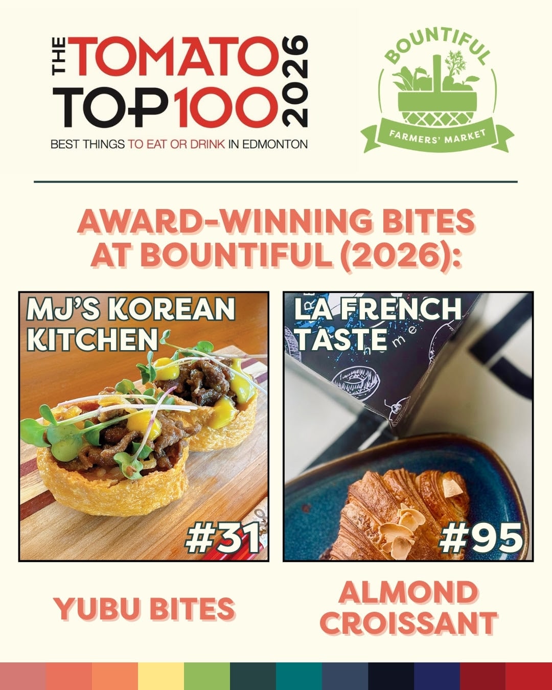 Recognized by Tomato. Found at Bountiful. 🍅✨

Two of our incredible vendors just made the Tomato Top 100 (2026)—a list celebrating the best things to eat in Edmonton right now… and you can try them this weekend.

🥢 MJ’s Korean Kitchen (#31)
Yubu Bites that locals line up for—bold, savoury, unforgettable.

🥐 La French Taste (#95)
An almond croissant that’s buttery, delicate, and easily one of the city’s best.

This is what weekends at Bountiful are all about: local makers becoming city standouts. ❤️

Come taste what everyone’s talking about—and tell us which one you’re trying first 👇

#BountifulMarket #YEGFood #EdmontonEats #SupportLocalYEG #ExploreEdmonton