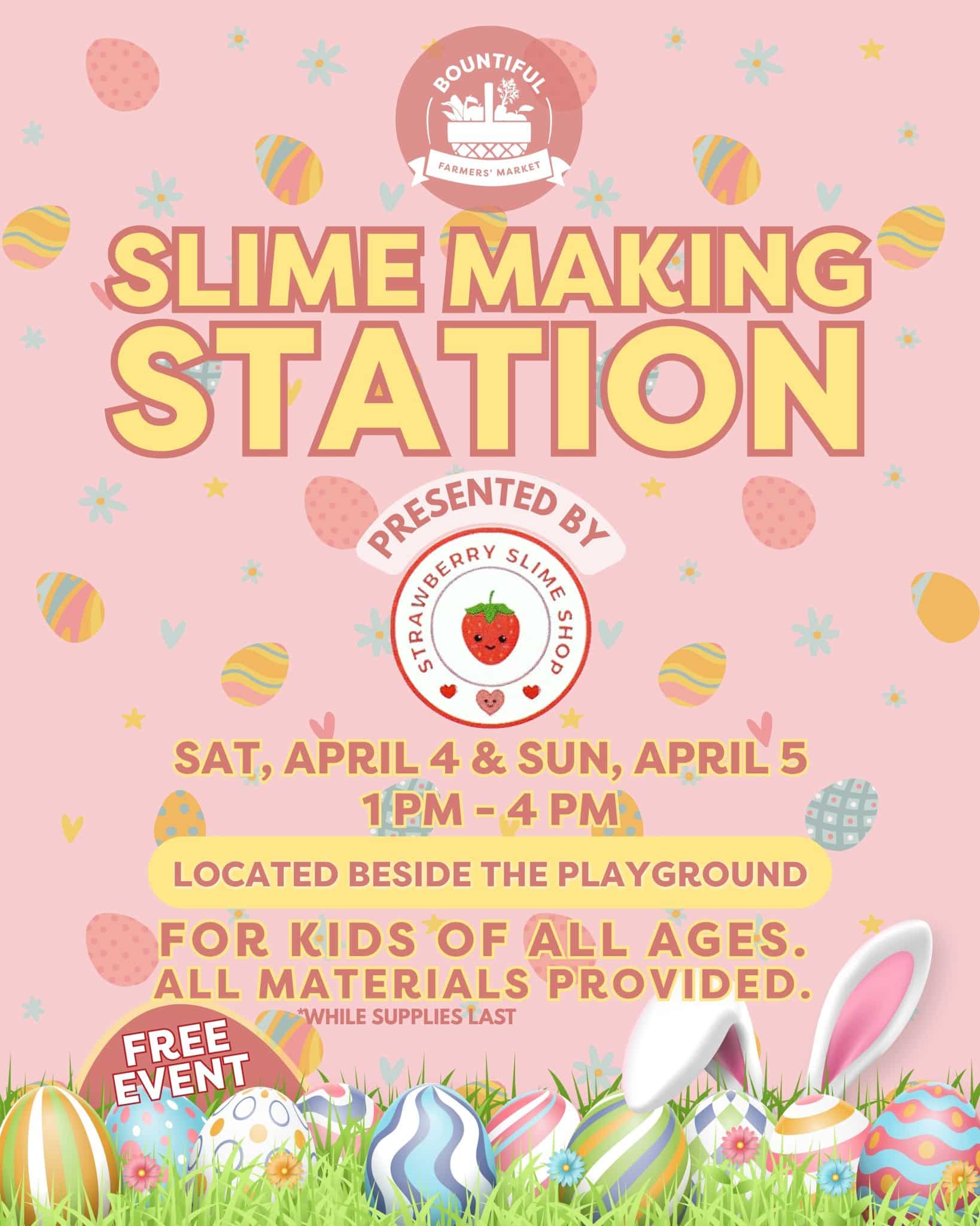 Get ready for some squishy, stretchy fun at Bountiful 💗

Join us at the Slime Making Station presented by @the_strawberry_slime_shop  on April 4 & 5 from 1 PM to 4 PM, beside the playground.

Free for kids of all ages. All materials provided while supplies last.

#BountifulFarmersMarket #YEGFamilyFun #YEGEvents #SouthEdmonton #SupportLocalYEG