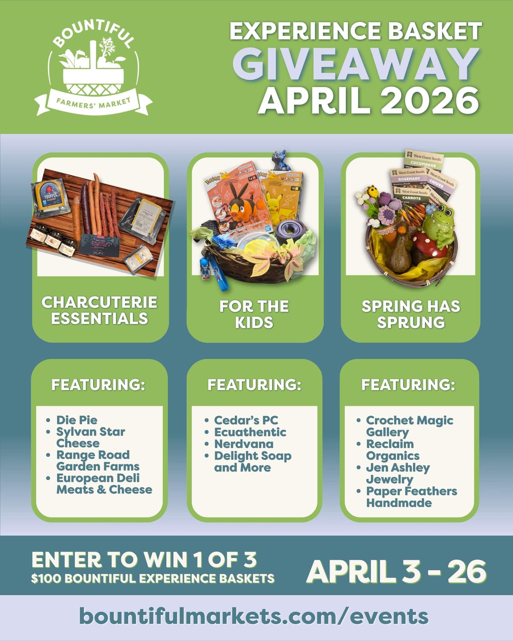 🌷 Enter to win one of three $100 Bountiful Experience Baskets this April!

Each basket is thoughtfully curated with favourites from our vendors:
🧀 Charcuterie Essentials
🎨 For the Kids
🌱 Spring Has Sprung

It’s the perfect way to discover something new at Bountiful Farmers’ Market while celebrating the season.

🗓 Enter April 3 – 26
🔗 Visit bountifulmarkets.com/events to participate (or link in our bio!)

Good luck — we can’t wait to see who takes these home! ✨